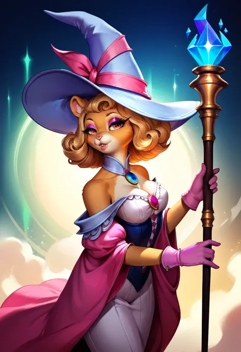 ((Anthro Hamster Witch Goddess),1girl,beautiful detailed eyes,beautiful detailed lips,extremely detailed face,long eyelashes,light blue hat,pink gloves,radiating fascinating aura,wielding magical staff,fantasy,cinematic lighting,dramatic atmosphere, highly...