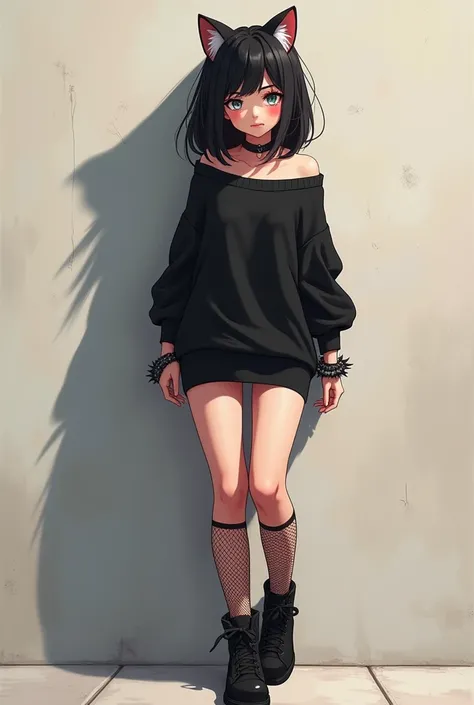 A latina anime cat girl. Shes standing up laying on a wall she has knee high net socks, black shoes, black sweater, Black hair and black cat ears, she has spiky wrist bracelets to. She is blushing