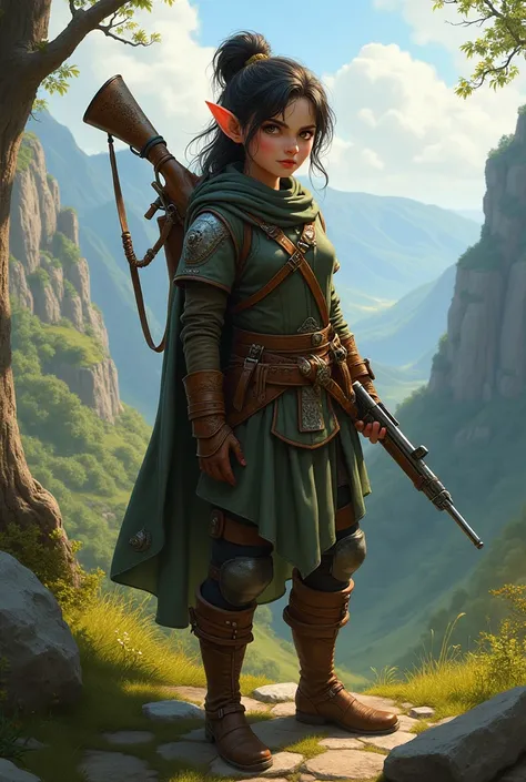 Halfling feminino com um rifle nas costas RPG