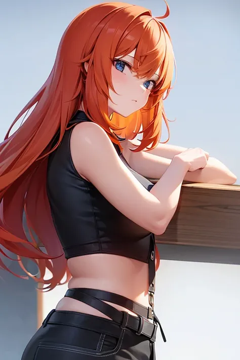 a girl, short bright orange hair, from side (there/them, lesbian)