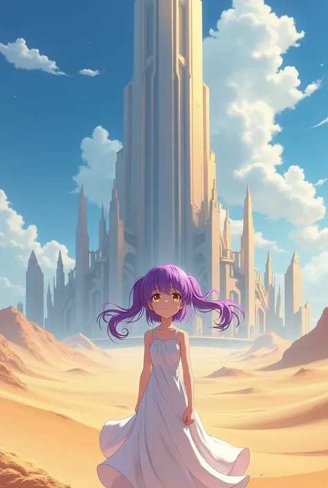 Girl with amethyst pigtails, with white dress and golden eyes in front of an infinite tower in the desert anime