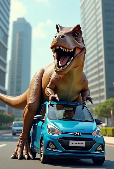 T-Rex ia driving a small blue Hyundai grand i10