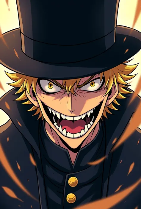 Anime Style, Male, Edmond Dantes From Fate/Grand Order, Yellow Eyes, Black Hat, Black Clothes, Golden Short Hair, Mad Smile, Madman, Crazy Posse, Big Open Eyes