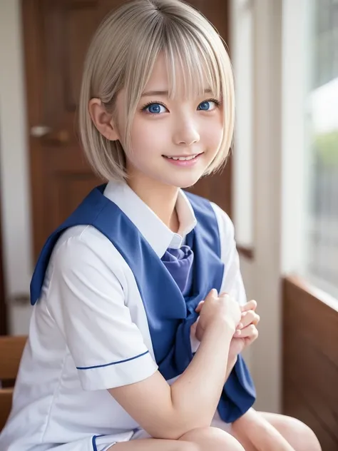 Browsing Caution,Correct human anatomy,Photorealistic One Girl,Very detailedかわいい顔,Short Hair,Natural platinum silver hair,Bright big blue eyes,Droopy eyes,smile,Nordic beauty,high quality,最high quality,8k,Ultra-realistic,Very detailed,High resolution,High ...