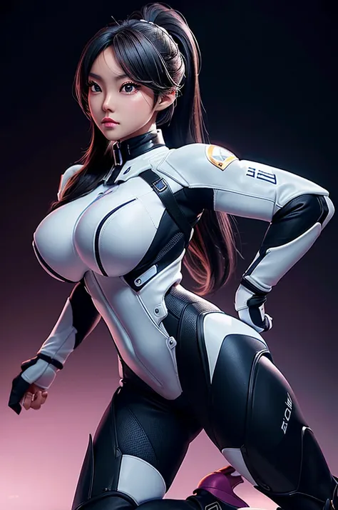 Eve, Stellar Blade, Asian, bust, tight suit, space, nalgona, hair tied, Honey eyes, DARK hair, simple background, 8k, HD, high, heels, 3D, Hot, natoraj, ps5