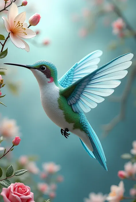 A captivating 3D representation of a love-themed hummingbird, embodying the essence of romance. The butterflys wings are adorned with intricate details that delicately combine light blue and turquoise tones. The hummingbird is suspended in a romantic pose,...