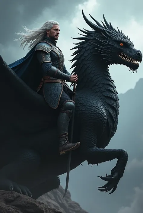 Make a detailed image based on Game of Thrones, of a white haired warrior on his scary black dragon
