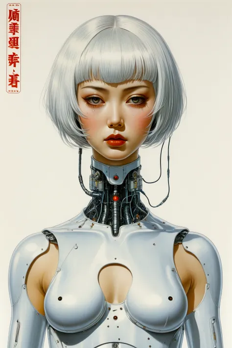 retro japanese pulp poster of a retro levitating cyberpunk girl, white bob haircut, transcendental expression on her face, eyes watering, tears streaming, robotic body parts, silicone implants, biohacking enhancements adorn the body, detailed features, vin...