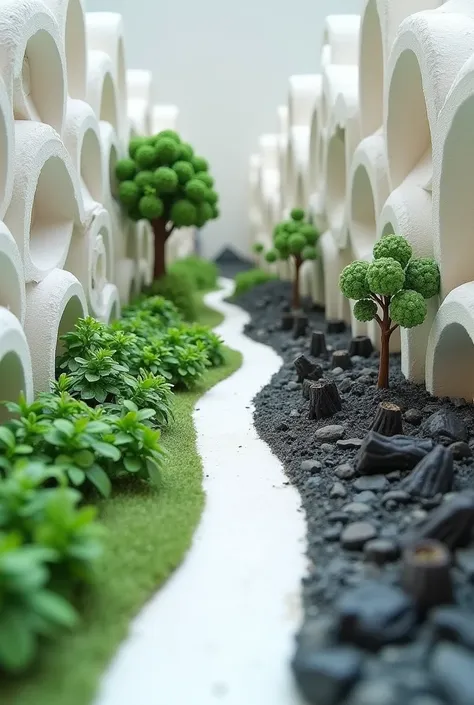 An example of a styrofoam model about technology and burning. It would be divided into 2 parts by a path, on the left side are plants, green trees, good with technology, sustainable energy and on the other side are tree stumps and burned trees, without tec...