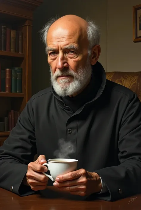 creates an image of a slightly bald and hairless old Jesuit drinking Colombian coffee

