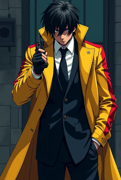 A killer wearing a suit with a yellow winter coat with several red and black stripes and this man is holding a revolver in anime pixel art style