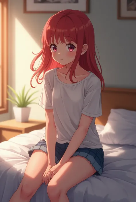 anime girl with soft red hair and she is sitting on the bed and looking his feet