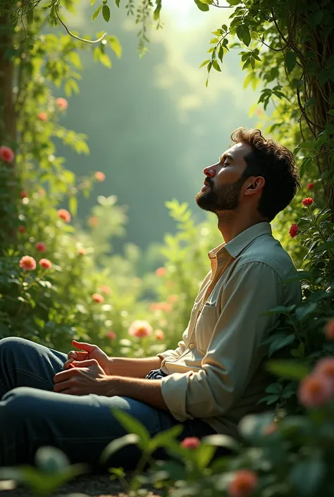 A MAN listening to music with a garden in the background
