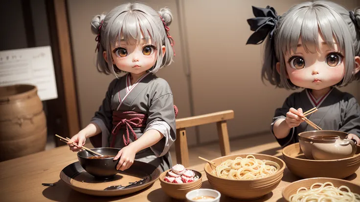 masterpiece、top-quality、Ultra-detail、(Chibi Charas Daughter:1.2)、solo、//((Gray thin noodles:1.2)These go into Japanese-style vessels))、Holding this vessel、Holding chopsticks in hand、sitting in the chair