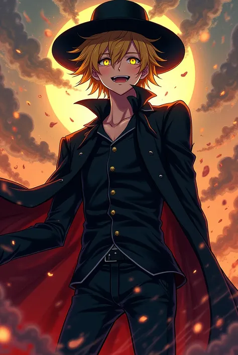 Anime Style, Male, Edmond Dantes From Fate/Grand Order, Yellow Eyes, Black Hat, Black Clothes, Golden Short Hair, Mad Smile, Madman, Crazy Posse, Big Open Eyes, Not Evil, Adult, tall Man, Dangaronpa Style