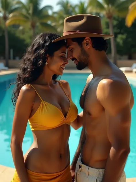 a sexy Indian woman wearing an open yellow crop top, revealing  with medium size breasts, next to a handsome Indian man wearing a bowler hat and a nude chest, realistic photography, highly detailed, high contrast, an Olympic pool in background 