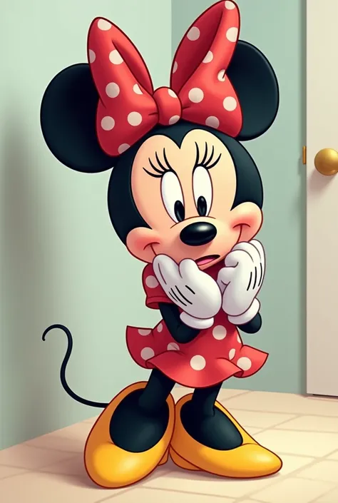 Full body disney character Minnie Mouse with worried expression on her face wanting to go to the bathroom to pee