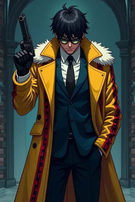 A killer wearing a suit with a yellow winter coat with several red and black stripes and this man is holding a revolver in anime pixel art style