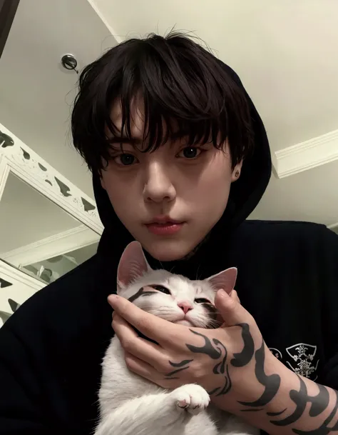 Jungkook bts with a cat on his tattooed hand dressed in a black sweater with black hair