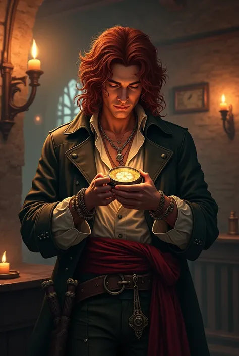 Generate the image of a pirate for a DnD campaign total body. A male pirate around 20 years old. He has long dark red curly hair, no facial hair. He’s wearing a leather trench coat, under the coat a soft shirt open, he’s wearing a belt with a red band, on ...