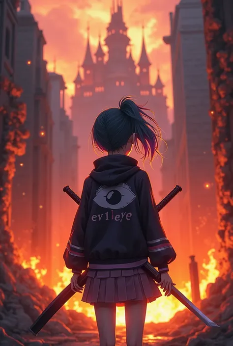 Anime girl wearing a jacket with the words "Evil-Eye" on it. The style of holding a katana in the atmosphere of a burning castle