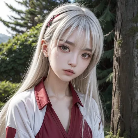 (estilo takemura youhei),1garota de white  hair e red highlights, fully body, (fir tree), (mato seihei&#39;s slave), she has sev...