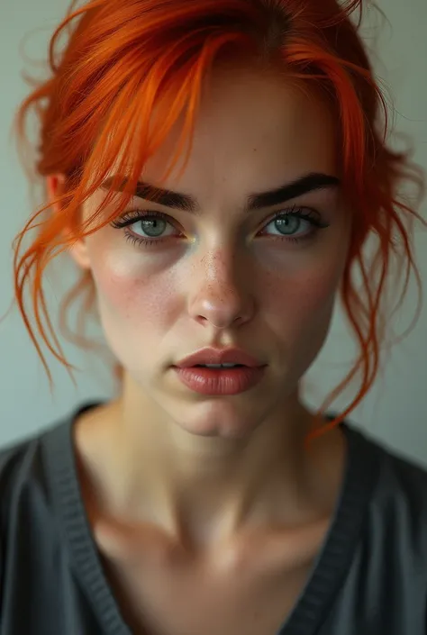 Red haired brunette with thick eyebrows