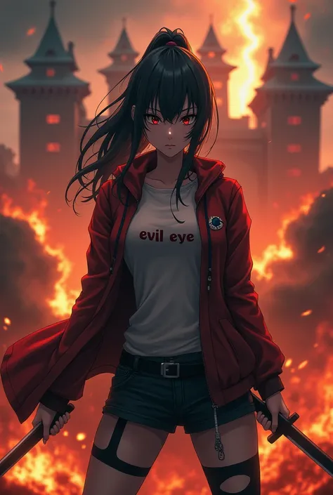 Anime women wearing an open jacket with the words "Evil-Eye" on it. The style of holding a katana in the atmosphere of a castle on fire