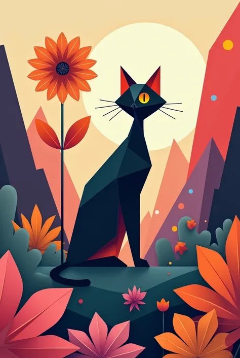 2d geometric art of cat in geometric landscape and a 2d geometric shaped flower

