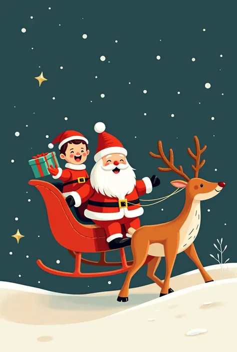 ولد سعيد يرتدي لباس الكريسماس  ويمسك بيده هديه يركب عربه Santa Clause الطائره ومعها حيوان الرنا وبجواره Santa Clause  ظريف يقود العربه مبتسم بطريقه ساخره ومرسوم بفن الخط والرسوم المصوره  عناصر عيد الميلاد, Santa Clause　Reindeer pulls sleigh　black backgroun...