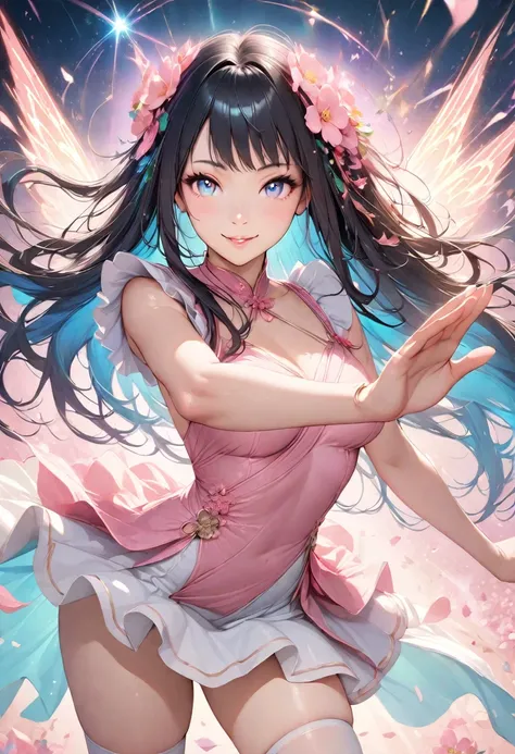 1 anime girl, Asian woman, soft pink dress, micro skirt, white thigh high stockings, dancing, magic sparkles, bright blue eyes, glowing eyes, black hair, long hair, pink flowers in hair, smile, pink blossoms, detailed face, smooth soft skin, ultra-realisti...