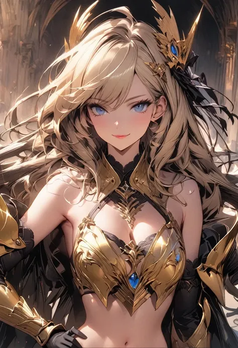 (masterpiece),(best quality),(ultra-detailed),(best illustration),(best shadow),(absurdres),(detailed background),(very aesthetic), 1girl, solo, ((blonde-hair)), ((golden-armor)), blue-eyes, navel, boots, high-heels, underwear, gloves, breasts, looking-at-...