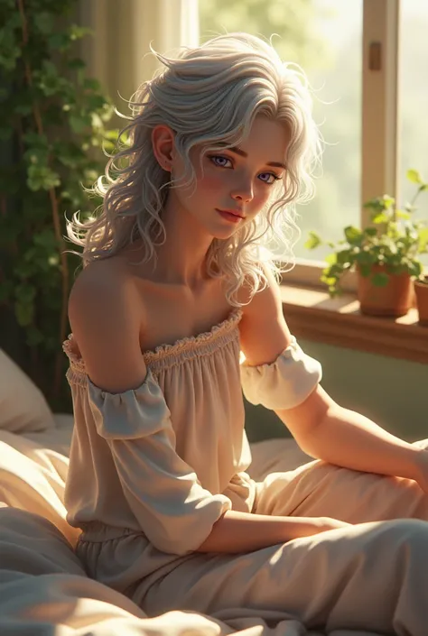 (photorealism:1.2), beautiful male youth, sitting on bed, wearing loose off-shoulder top, pajama pants, long curly silver hair, amethyst eyes, indoors, soft lighting, plants in background, window with sunlight, cozy room, relaxed pose, anime, intricate det...