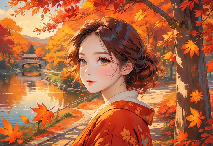 bright colors, falling leaves, golden sunlight, cozy atmosphere, vibrant reds and oranges, soft and warm tones, peaceful setting, gentle breeze, nostalgic mood, autumn foliage, serene expression, delicate eyelashes, captivating gaze,red