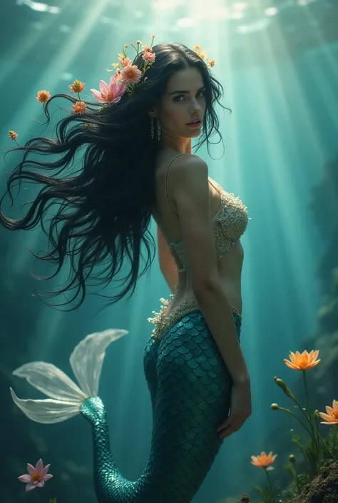 mermaid, black hair adorned with flowers, swimming in the seas, looking at the camera