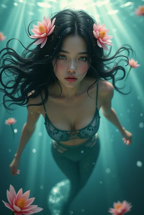 mermaid, black hair adorned with flowers, swimming in the seas, looking at the camera