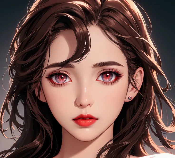 8k, highest quality, masterpiece, photorealistic, ultra-detailed, extremely detailed eyes and face, beautiful detailed lips, long eyelashes, dark brown hair, dark brown eyes, red lips, anime, portrait, dynamic pose, dramatic lighting, cinematic, simple bac...