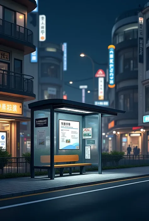 A realistic image of a modern Japanese bus stop, located in an urban or suburban setting. The bus stop is clean, with clear signage and typical features like a bench or shelter. The lighting is dark. Avoid cartoonish, anime style, illustration, drawing, 2D...