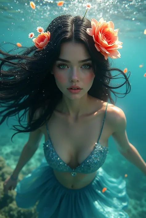 mermaid, black hair adorned with flowers, swimming in the seas, shiny scales, looking at the camera