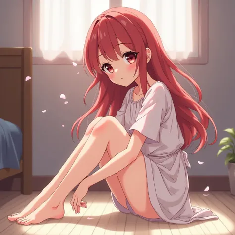 cute  anime girl with soft red hair and burgundy eyes sits on the floor and shows us her foot