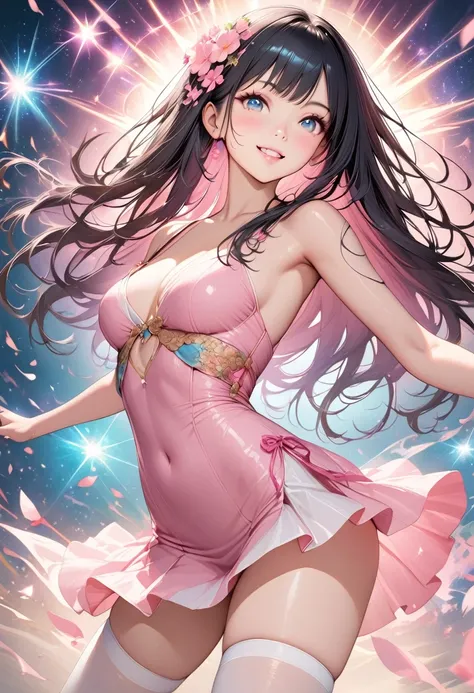 1 anime girl, Asian woman, soft pink dress, micro skirt, white thigh high stockings, dancing, magic sparkles, bright blue eyes, glowing eyes, black hair, long hair, pink flowers in hair, smile, pink blossoms, detailed face, smooth soft skin, ultra-realisti...