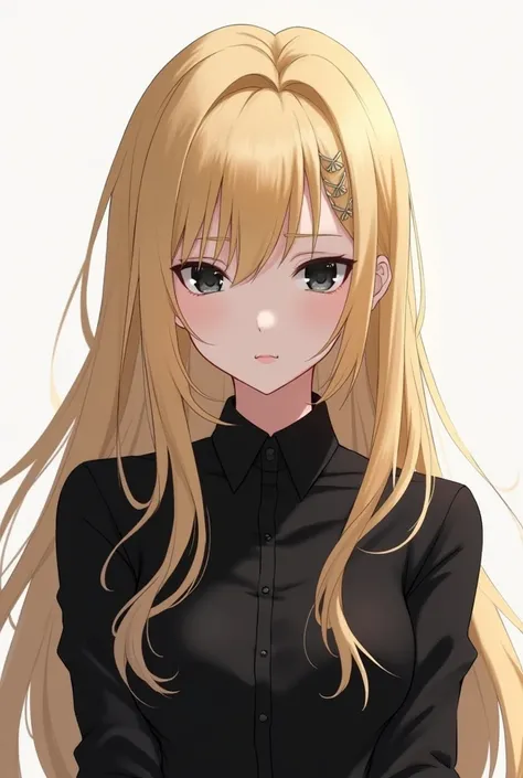 Female anime character blonde hair black shirt black eyes 
