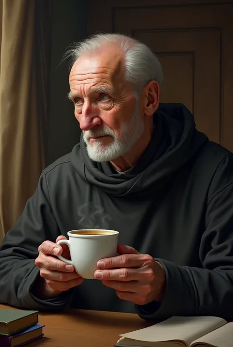 creates an image of an old Jesuit with a little baldness, Without beard, drinking coffee without a beard


