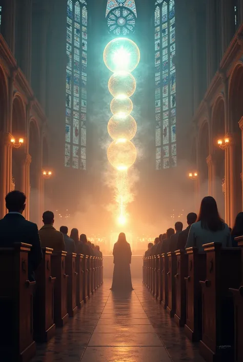 Balls of light on people&#39;s heads in church
