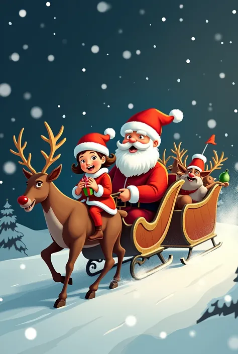 بنت سعيد يرتدي لباس الكريسماس  ويمسك بيده هديه يركب مزلقه Santa Clause الطائره تجرها حيوان الرنا  المسرعه وبجواره Santa Clause  ظريف يقود العربه مبتسم بطريقه ساخره ومرسوم بفن الخط والرسوم المصوره  عناصر عيد الميلاد, Santa Clause　Reindeer pulls sleigh　black...