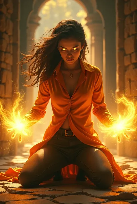 a young woman with a look of vengeance is kneeling on the stone floor looking up with her hands shooting beams of yellow light , with your golden eyes. Her orange Camp Half-Blood shirt is a storm behind her 