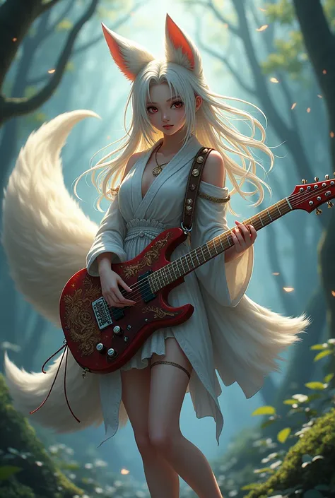 Female humanoid character with a 9-tailed fox tail, a bard with a Rock RPG guitar.