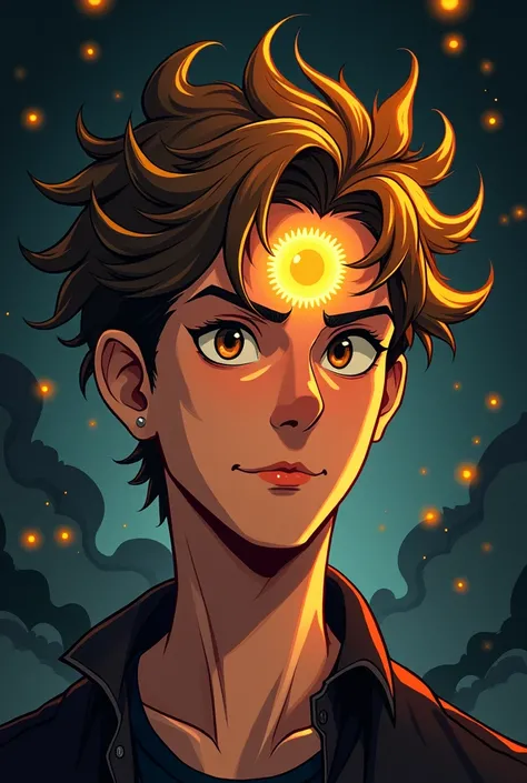 Give me a drawn and animated man with brown hair and blonde highlights, with a birthmark on the forehead shaped like a sun and a moon fused together, the signal is black