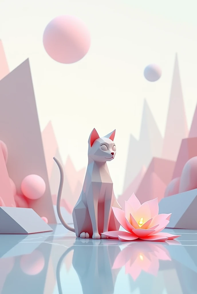 2d geometric art of a cat sitting in geometric glass landscape with pastel colors a flower beside it in 2d geometric shape

