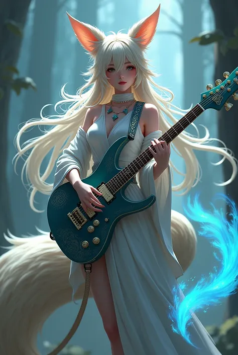 Female humanoid character with a 9-tailed fox tail, a bard with a Rock RPG guitar.